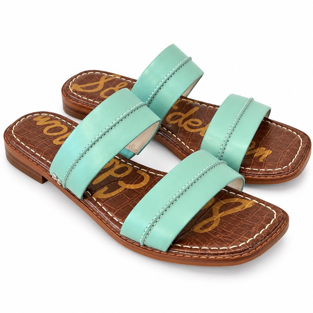 Sam Edelman Bay Slide Sandals Aqua Blue Leather Croc Embossed Brown 8.5